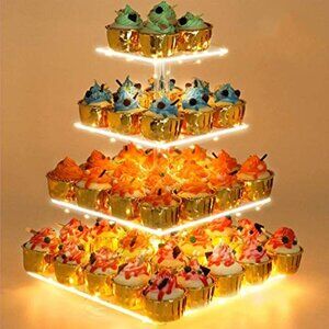 4 Tier Cupcake Stand Acrylic Tower Display with LED Light Premium Holder